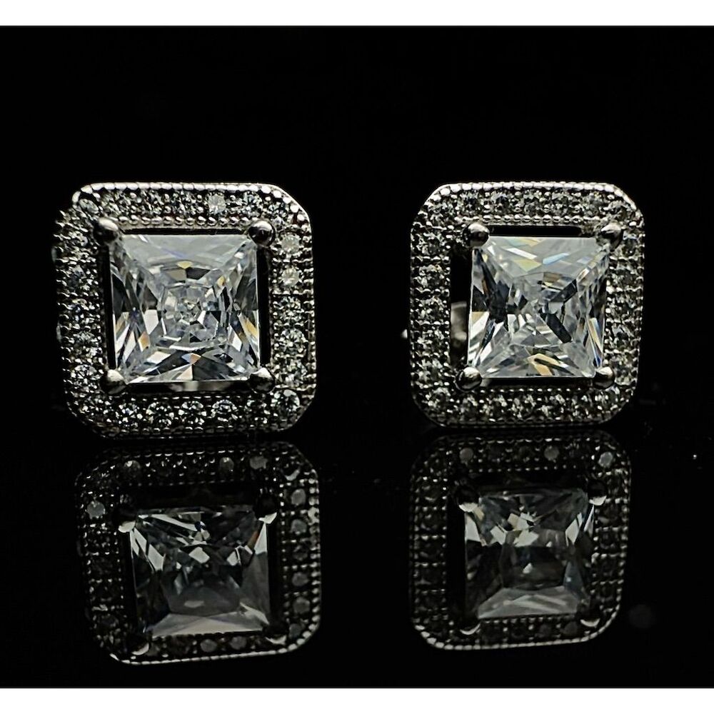 Square Halo Stud Earrings Clear CZ Stones
